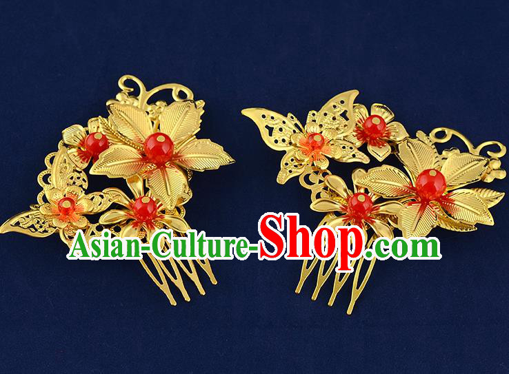 Traditional Handmade Chinese Ancient Classical Hair Accessories Xiuhe Suit Golden Butterfly Flower Hairpin Hair Comb, Hair Sticks Hair Jewellery Hair Fascinators for Women