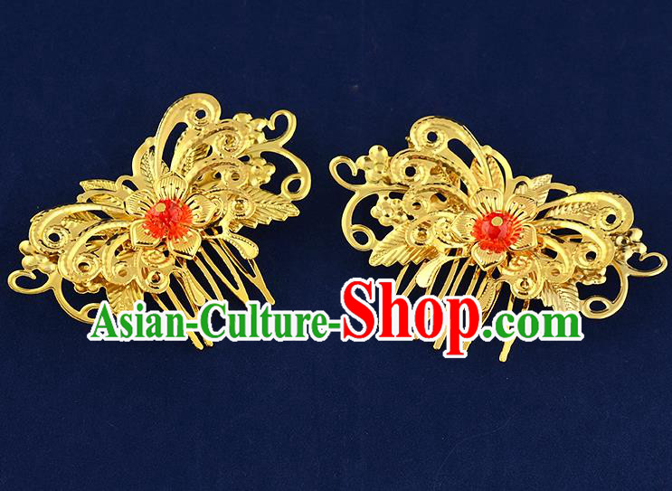 Traditional Handmade Chinese Ancient Classical Hair Accessories Xiuhe Suit Golden Butterfly Flower Hairpin Hair Comb, Hair Sticks Hair Jewellery Hair Fascinators for Women