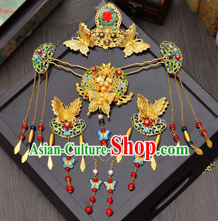 Traditional Handmade Chinese Ancient Classical Hair Accessories Xiuhe Suit Butterfly Hairpin Cloisonn Phoenix Coronet Complete Set, Hair Sticks Hair Jewellery Hair Fascinators for Women