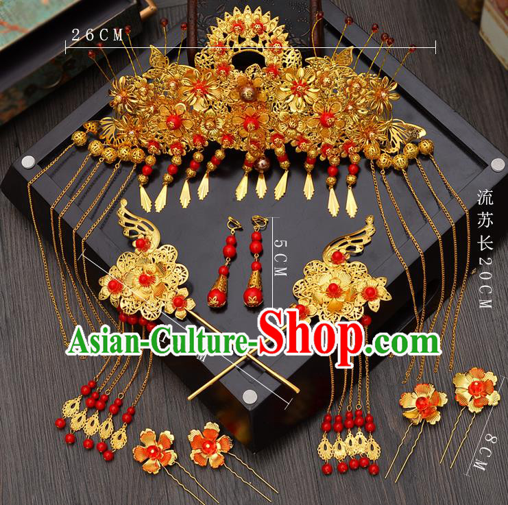 Traditional Handmade Chinese Ancient Classical Hair Accessories Xiuhe Suit Golden Tassel Hairpin Phoenix Coronet Complete Set, Hair Sticks Hair Jewellery Hair Fascinators for Women