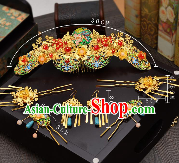 Traditional Handmade Chinese Ancient Classical Hair Accessories Xiuhe Suit Hairpin Cloisonn Lotus Phoenix Coronet Complete Set, Hair Sticks Hair Jewellery Hair Fascinators for Women