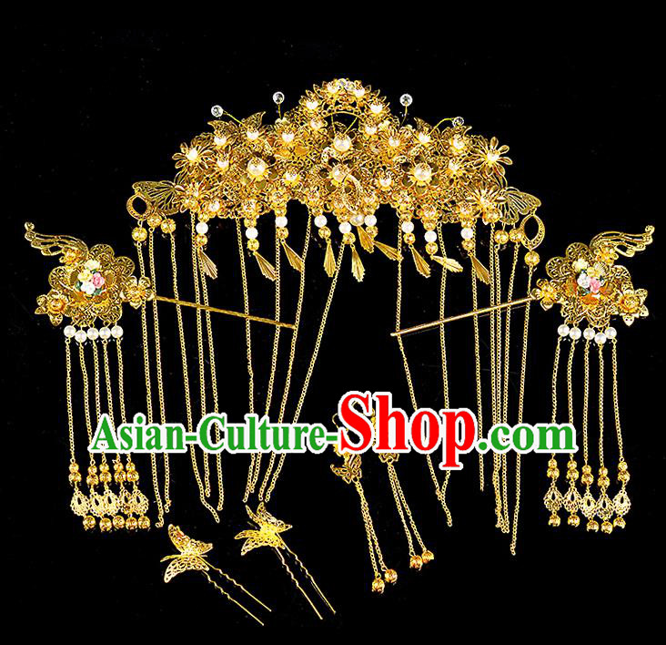 Traditional Handmade Chinese Ancient Classical Hair Accessories Xiuhe Suit Golden Butterfly Pearl Tassel Hairpin Phoenix Coronet Complete Set, Hair Sticks Hair Jewellery Hair Fascinators for Women