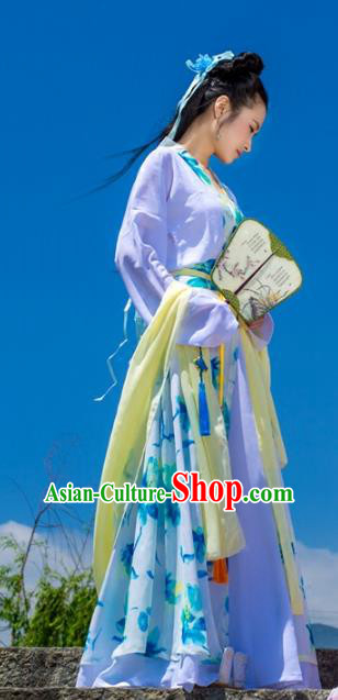 Traditional Chinese Han Dynasty Young Lady Hanfu Costume, China Ancient Dress Princess Peri Embroidery Clothing for Women
