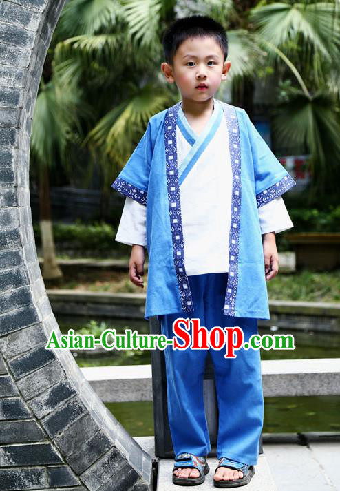 Traditional Chinese Han Dynasty Children Hanfu Martial Arts Costume, China Ancient Scholar Blue Clothing for Kids