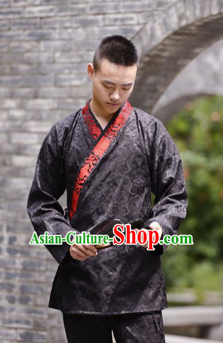 Traditional Chinese Han Dynasty Nobility Childe Hanfu Costume Slant Opening Black Shirt, China Ancient Martial Arts Upper Garment Clothing for Men