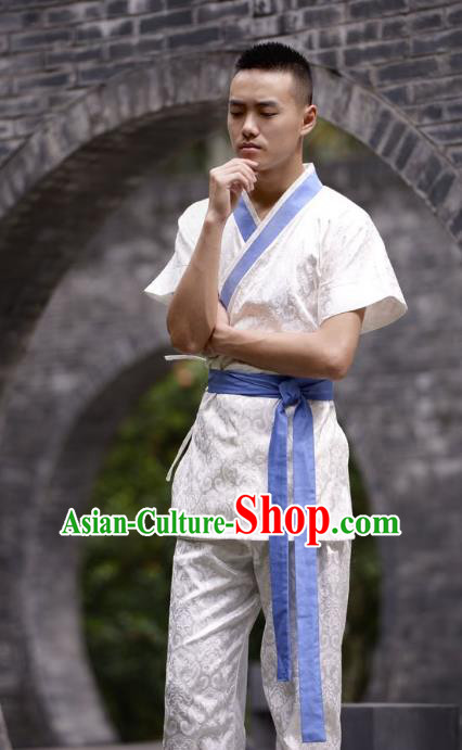 Traditional Chinese Han Dynasty Nobility Childe Hanfu Costume Slant Opening White Satin Shirt, China Ancient Martial Arts Upper Garment Clothing for Men