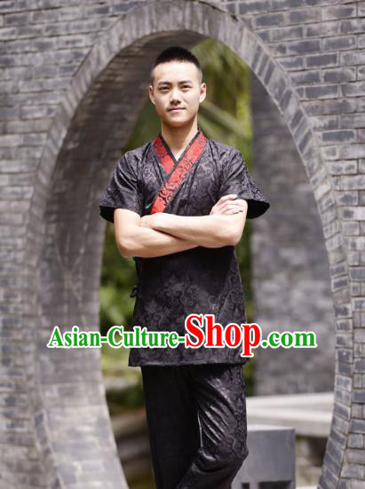 Traditional Chinese Han Dynasty Nobility Childe Hanfu Costume Slant Opening Black Satin Shirt, China Ancient Martial Arts Upper Garment Clothing for Men