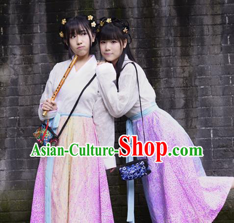 Traditional Chinese Han Dynasty Young Lady Costume, China Ancient Hanfu Rainbow Dress Princess Clothing for Women