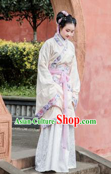 Traditional Chinese Han Dynasty Young Lady Costume, China Ancient Hanfu Dress Imperial Concubine Embroidery Clothing for Women