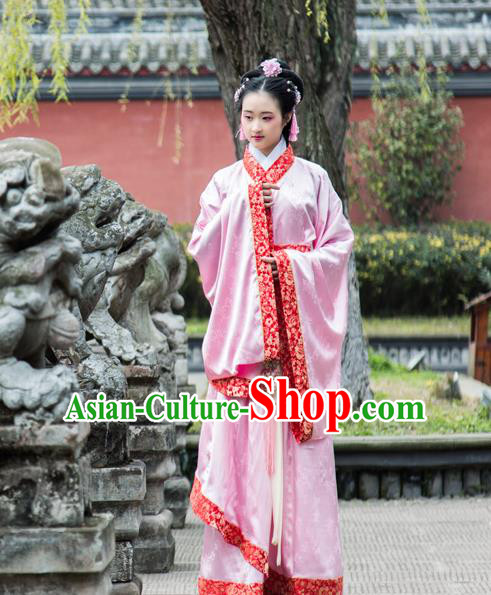 Traditional Chinese Han Dynasty Palace Princess Wide Sleeve Costume, China Ancient Hanfu Pink Dress Imperial Concubine Embroidery Clothing for Women