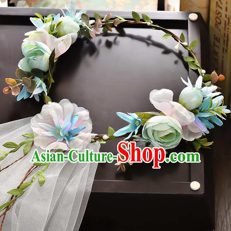 Top Grade Handmade Chinese Classical Hair Accessories Baroque Style Wedding Blue Flowers Headband and Veil, Bride Hair Sticks Hair Clasp for Women