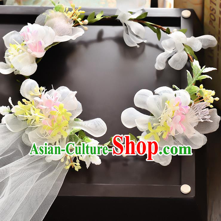 Top Grade Handmade Chinese Classical Hair Accessories Baroque Style Wedding White Flowers Headband and Veil, Bride Hair Sticks Hair Clasp for Women