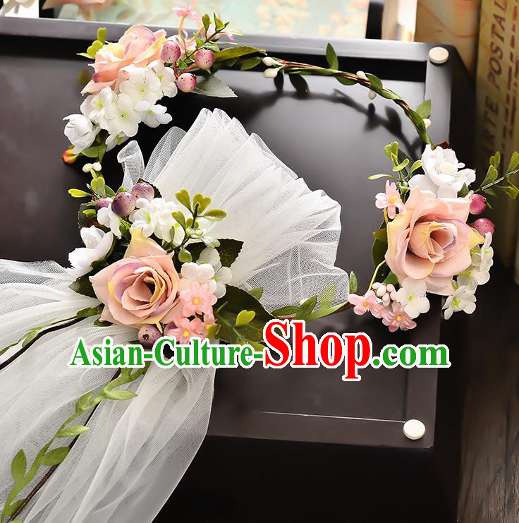 Top Grade Handmade Chinese Classical Hair Accessories Baroque Style Wedding Pink Flowers Headband Garland and Veil, Bride Hair Sticks Hair Clasp for Women