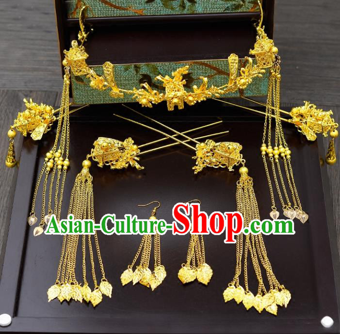 Traditional Handmade Chinese Ancient Classical Hair Accessories Xiuhe Suit Golden Tassel Hairpin Phoenix Coronet Complete Set, Hair Sticks Hair Jewellery Hair Fascinators for Women