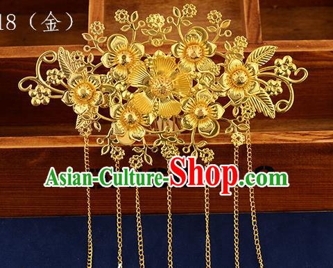 Traditional Handmade Chinese Ancient Classical Hair Accessories Xiuhe Suit Golden Tassel Hair Comb, Hair Sticks Hair Jewellery Hair Fascinators for Women