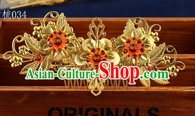 Traditional Handmade Chinese Ancient Classical Hair Accessories Xiuhe Suit Golden Flowers Hair Comb, Hair Sticks Hair Jewellery Hair Fascinators for Women