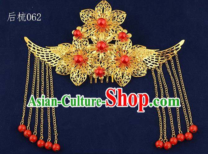 Traditional Handmade Chinese Ancient Classical Hair Accessories Xiuhe Suit Golden Flowers Tassel Hair Comb, Hair Sticks Hair Jewellery Hair Fascinators for Women