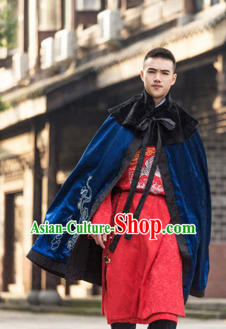 Traditional Chinese Han Dynasty Prince Hanfu Costume Blue Cloak, China Ancient Scholar Embroidery Cape Clothing for Men