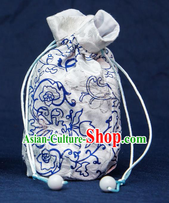 Traditional Handmade Chinese Ancient Young Lady Pouch White Handbags, China Hanfu Embroidery Linen Sachet for Women