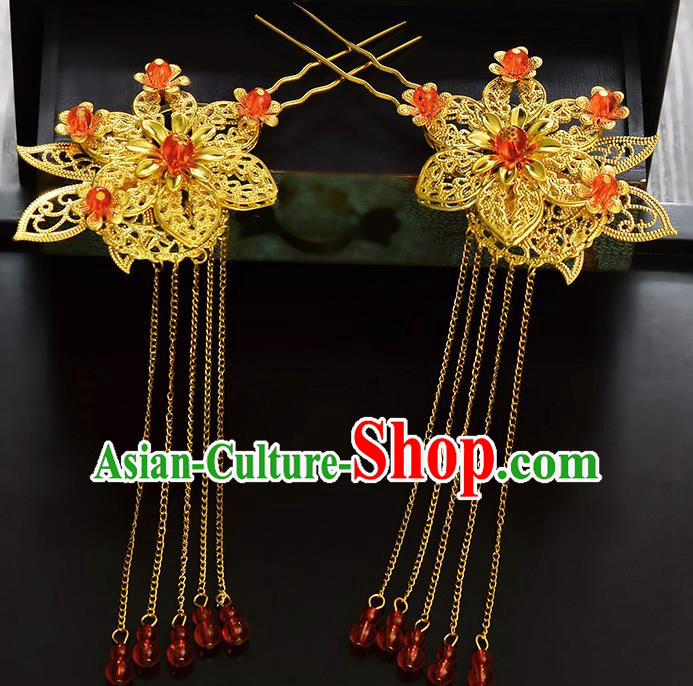 Traditional Handmade Chinese Ancient Classical Hair Accessories Barrettes Hanfu Hairpin Golden Tassel Step Shake, Bride Hair Fascinators Hairpins for Women