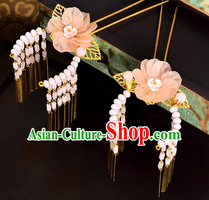 Traditional Handmade Chinese Ancient Classical Hair Accessories Barrettes Hanfu Hairpin Pink Silk Flower Tassel Step Shake, Bride Hair Fascinators Hairpins for Women