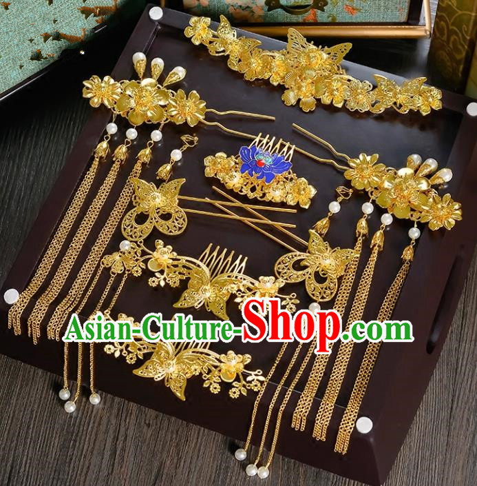 Traditional Handmade Chinese Ancient Classical Hair Accessories Xiuhe Suit Cloisonn Golden Tassel Hairpin Phoenix Coronet Complete Set, Hair Sticks Hair Jewellery Hair Fascinators for Women