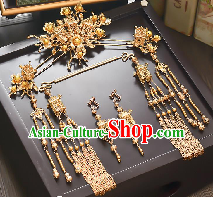 Traditional Handmade Chinese Ancient Classical Hair Accessories Xiuhe Suit Golden Tassel Hairpin Step Shake Phoenix Coronet Complete Set, Hair Sticks Hair Jewellery Hair Fascinators for Women