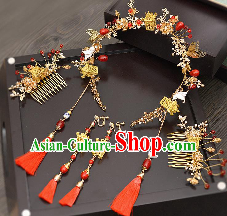 Traditional Handmade Chinese Ancient Classical Hair Accessories Xiuhe Suit Red Tassel Hairpin Step Shake Phoenix Coronet Complete Set, Hair Sticks Hair Jewellery Hair Fascinators for Women