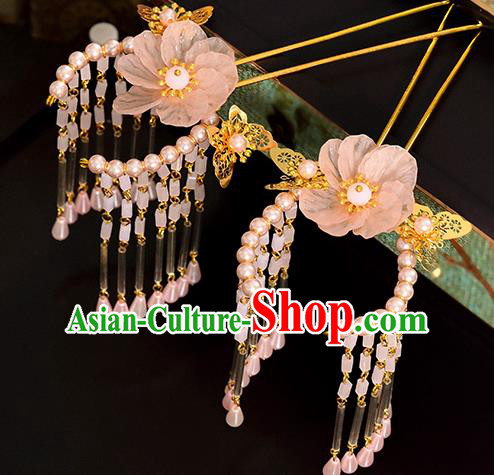 Traditional Handmade Chinese Ancient Classical Hair Accessories Barrettes Hanfu Hairpin Pink Flower Tassel Step Shake, Bride Hair Fascinators Hairpins for Women