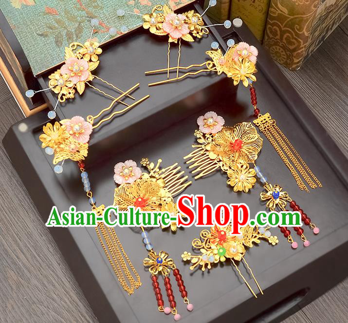 Traditional Handmade Chinese Ancient Classical Hair Accessories Xiuhe Suit Pink Shell Flowers Tassel Hairpin Phoenix Coronet Complete Set, Step Shake Hair Sticks Hair Jewellery Hair Fascinators for Women