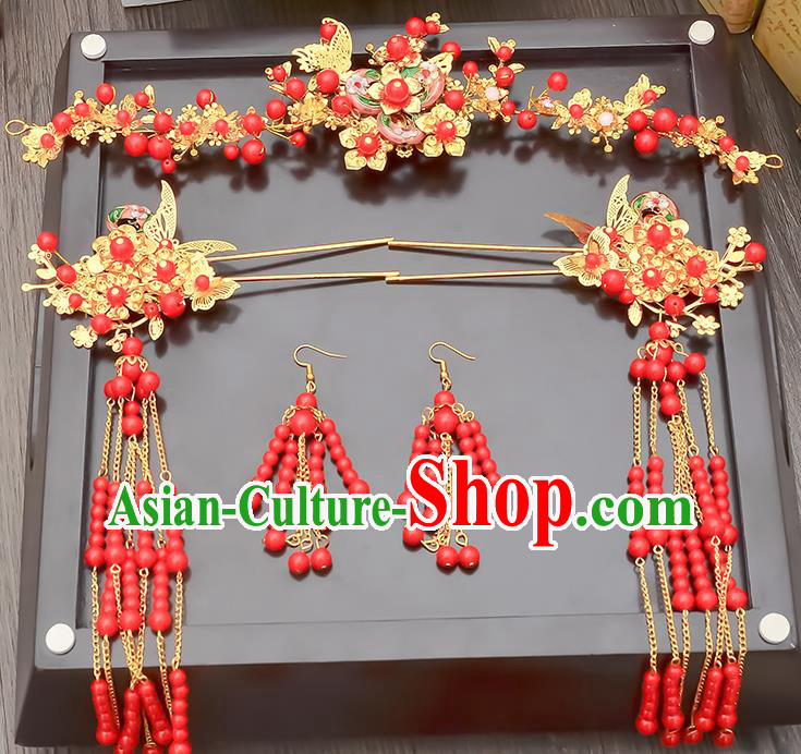 Traditional Handmade Chinese Ancient Classical Hair Accessories Xiuhe Suit Red Beads Tassel Hairpin Phoenix Coronet Complete Set, Step Shake Hair Sticks Hair Jewellery Hair Fascinators for Women