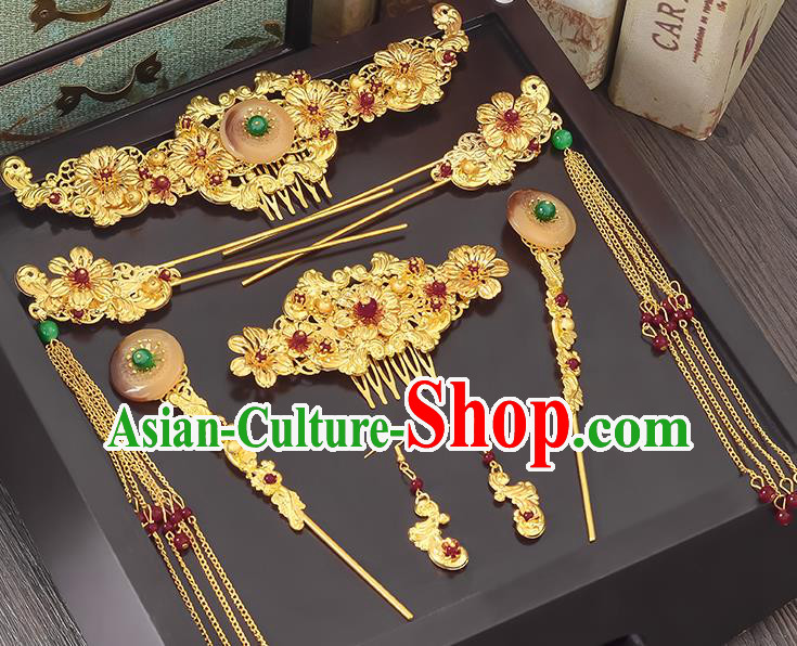 Traditional Handmade Chinese Ancient Classical Hair Accessories Xiuhe Suit Pink Jade Tassel Hairpin Phoenix Coronet Complete Set, Step Shake Hair Sticks Hair Jewellery Hair Fascinators for Women