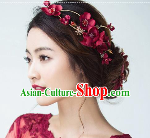 Top Grade Handmade Chinese Classical Hair Accessories Baroque Style Wedding Wine Red Flowers Headband Bride Hair Stick for Women