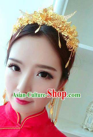 Traditional Handmade Chinese Ancient Wedding Hair Accessories Xiuhe Suit Golden Tassel Step Shake Phoenix Coronet Complete Set, Bride Hair Sticks Hair Jewellery for Women