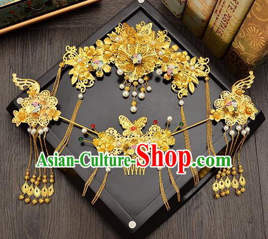 Traditional Handmade Chinese Ancient Wedding Hair Accessories Xiuhe Suit Golden Pearls Tassel Step Shake Phoenix Coronet Complete Set, Bride Hair Sticks Hair Jewellery for Women