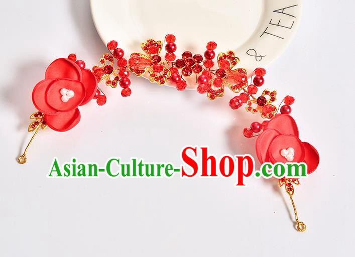 Top Grade Handmade Chinese Classical Hair Accessories Baroque Style Wedding Red Flowers Hair Stick Headband Bride Hair Claw for Women
