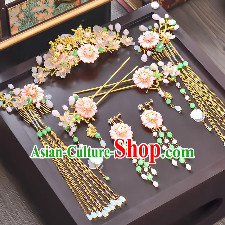 Traditional Handmade Chinese Ancient Wedding Hair Accessories Xiuhe Suit Pink Flowers Hair Comb Complete Set, Bride Hanfu Hairpins Hair Sticks Hair Jewellery for Women