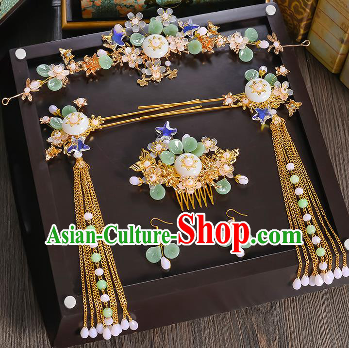 Traditional Handmade Chinese Ancient Wedding Hair Accessories Xiuhe Suit Phoenix Coronet Hair Comb Complete Set, Bride Hanfu Hairpins Hair Sticks Hair Jewellery for Women