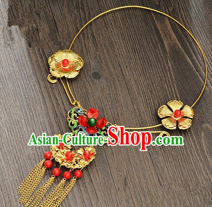 Top Grade Handmade Chinese Classical Jewelry Accessories Xiuhe Suit Wedding Necklace Bride Golden Flowers Tassel Collar Necklet for Women