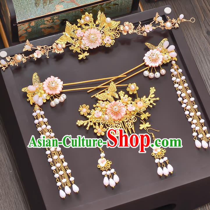 Traditional Handmade Chinese Ancient Wedding Hair Accessories Xiuhe Suit Pink Flowers Pearls Tassel Step Shake Complete Set, Bride Hanfu Hairpins Hair Sticks Hair Jewellery for Women