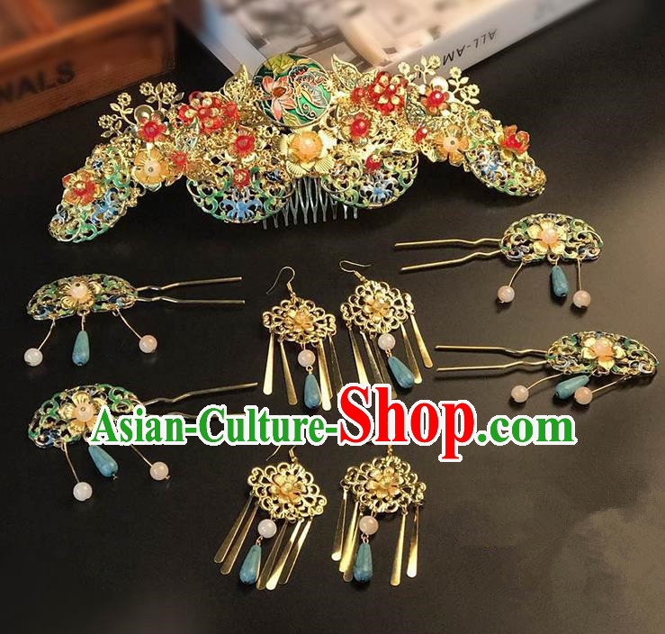 Traditional Handmade Chinese Ancient Classical Hair Accessories Xiuhe Suit Cloisonn Hairpin Phoenix Coronet Complete Set, Step Shake Hair Sticks Hair Jewellery for Women