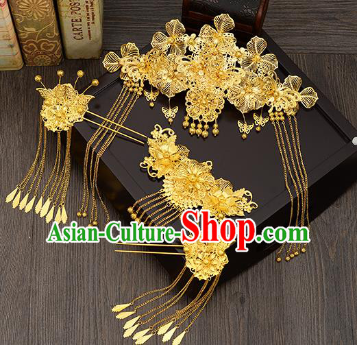 Traditional Handmade Chinese Ancient Wedding Hair Accessories Xiuhe Suit Golden Butterfly Tassel Step Shake Phoenix Coronet Complete Set, Bride Hair Sticks Hair Jewellery for Women