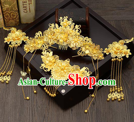 Traditional Handmade Chinese Ancient Wedding Hair Accessories Xiuhe Suit Golden Hair Comb Tassel Step Shake Phoenix Coronet Complete Set, Bride Hair Sticks Hair Jewellery for Women