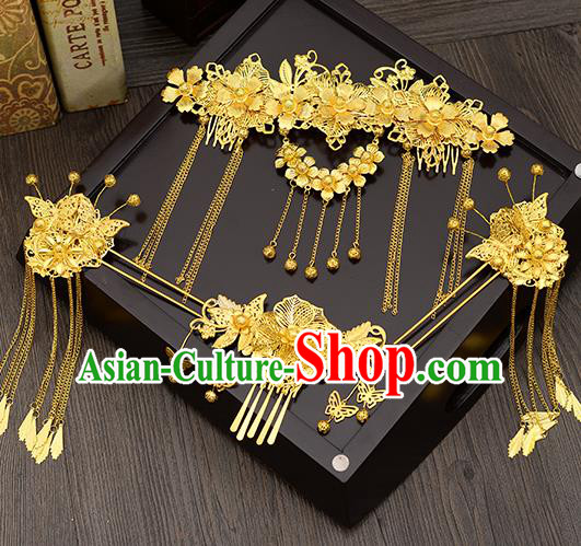 Traditional Handmade Chinese Ancient Wedding Hair Accessories Xiuhe Suit Golden Hair Comb Tassel Frontlet Phoenix Coronet Complete Set, Bride Hair Sticks Hair Jewellery for Women