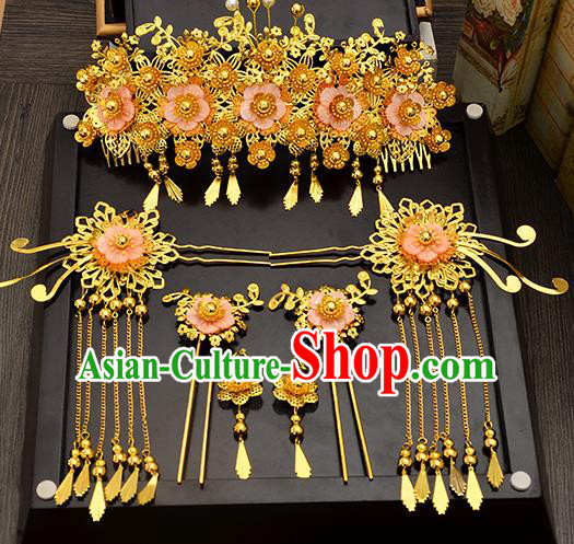 Traditional Handmade Chinese Ancient Wedding Hair Accessories Xiuhe Suit Pink Shell Tassel Phoenix Coronet Complete Set, Bride Hair Sticks Hair Jewellery for Women