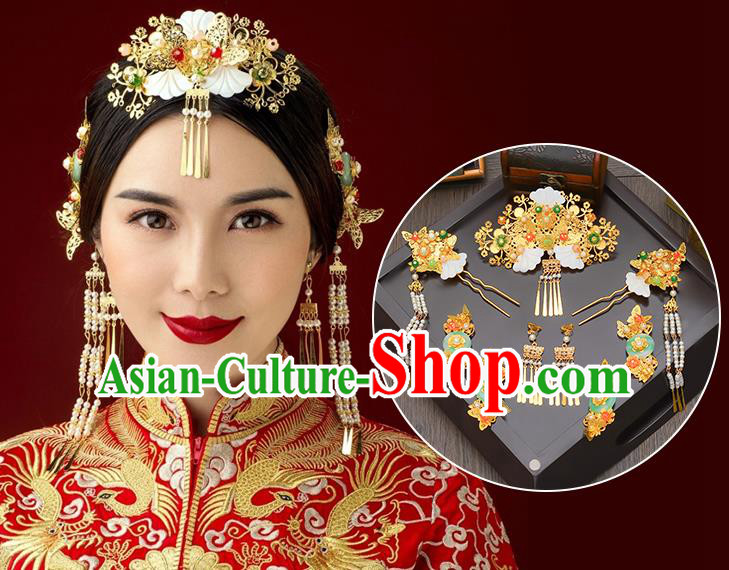 Traditional Handmade Chinese Ancient Wedding Hair Accessories Xiuhe Suit White Shell Tassel Phoenix Coronet Complete Set, Bride Hair Sticks Hair Jewellery for Women