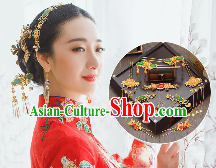 Traditional Handmade Chinese Ancient Wedding Hair Accessories Xiuhe Suit Jade Tassel Phoenix Coronet Complete Set, Bride Hair Sticks Hair Jewellery for Women