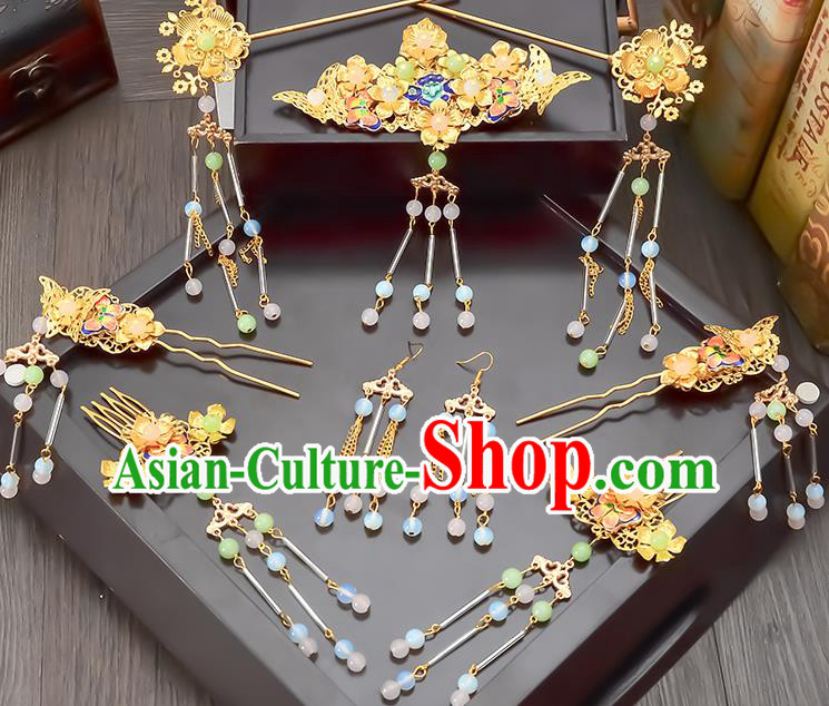 Traditional Handmade Chinese Ancient Wedding Hair Accessories Xiuhe Suit Tassel Step Shake Frontlet Complete Set, Bride Hair Sticks Hair Jewellery for Women