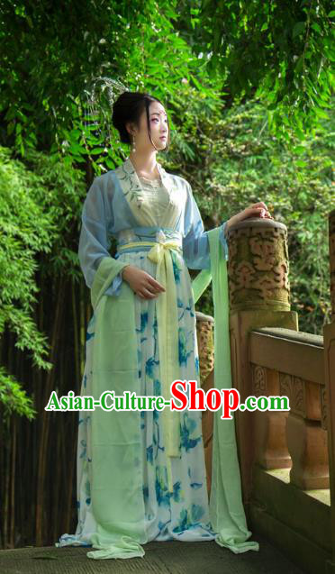 Traditional Chinese Tang Dynasty Imperial Consort Hanfu Printing Blue Costume, China Ancient Slip Dress Palace Princess Peri Clothing for Women