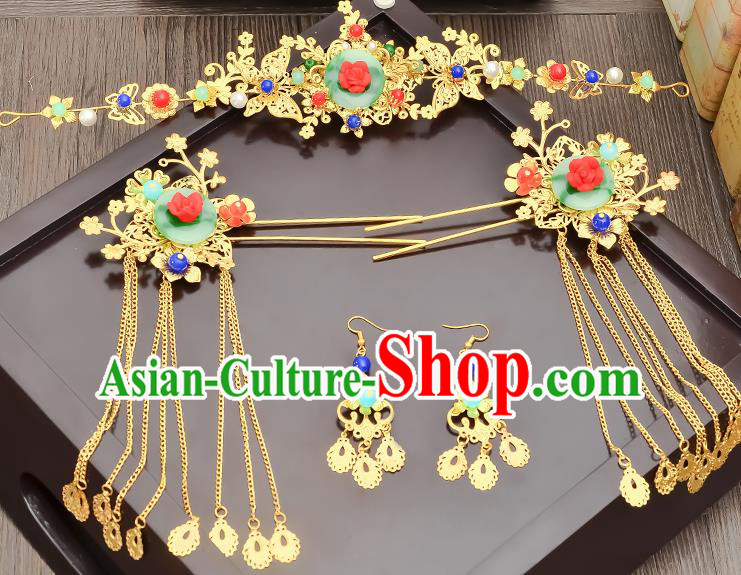 Traditional Handmade Chinese Ancient Wedding Hair Accessories Xiuhe Suit Tassel Step Shake Green Jade Frontlet Complete Set, Bride Hair Sticks Hair Jewellery for Women